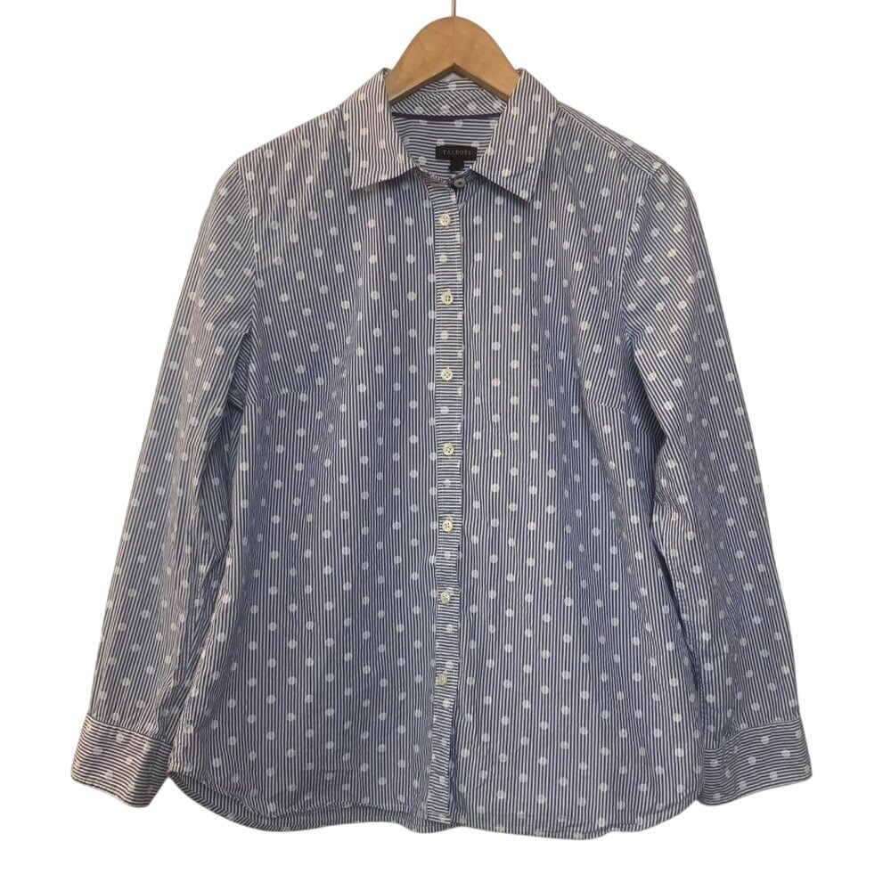 Talbots Women's Striped‎ Polka Dot Long Sleeve Cotton Button Down Blouse Size M